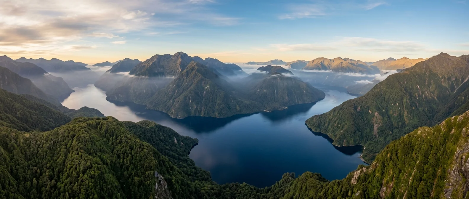 New Zealand fjord landscape at golden hour