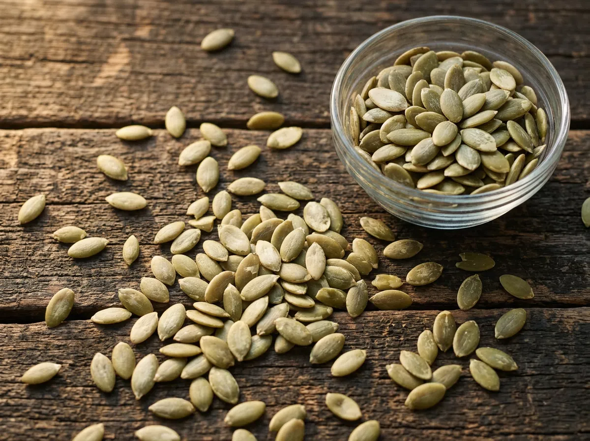 Pumpkin seed extract supplement for men - raw pumpkin seeds on wood