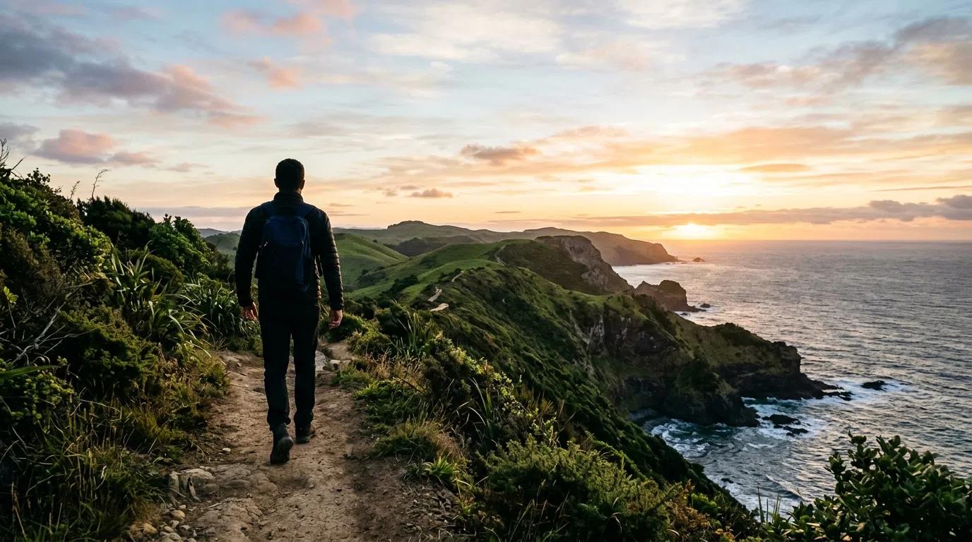 Anonymous man walking a New Zealand coastal trail at sunrise - active lifestyle for men over 50