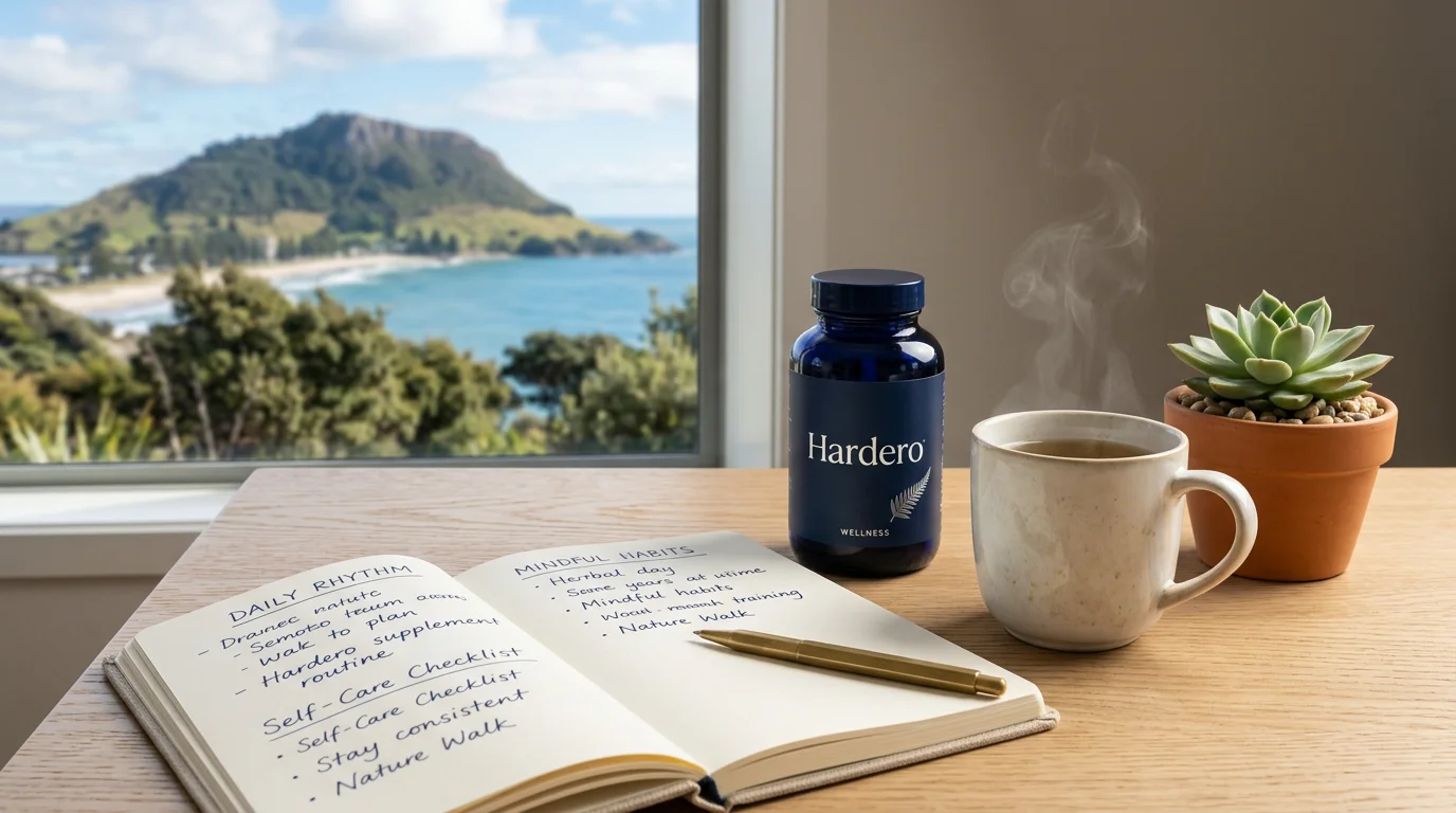 Kindred Health Journal editorial desk with Hardero supplement bottle, notebook and coffee
